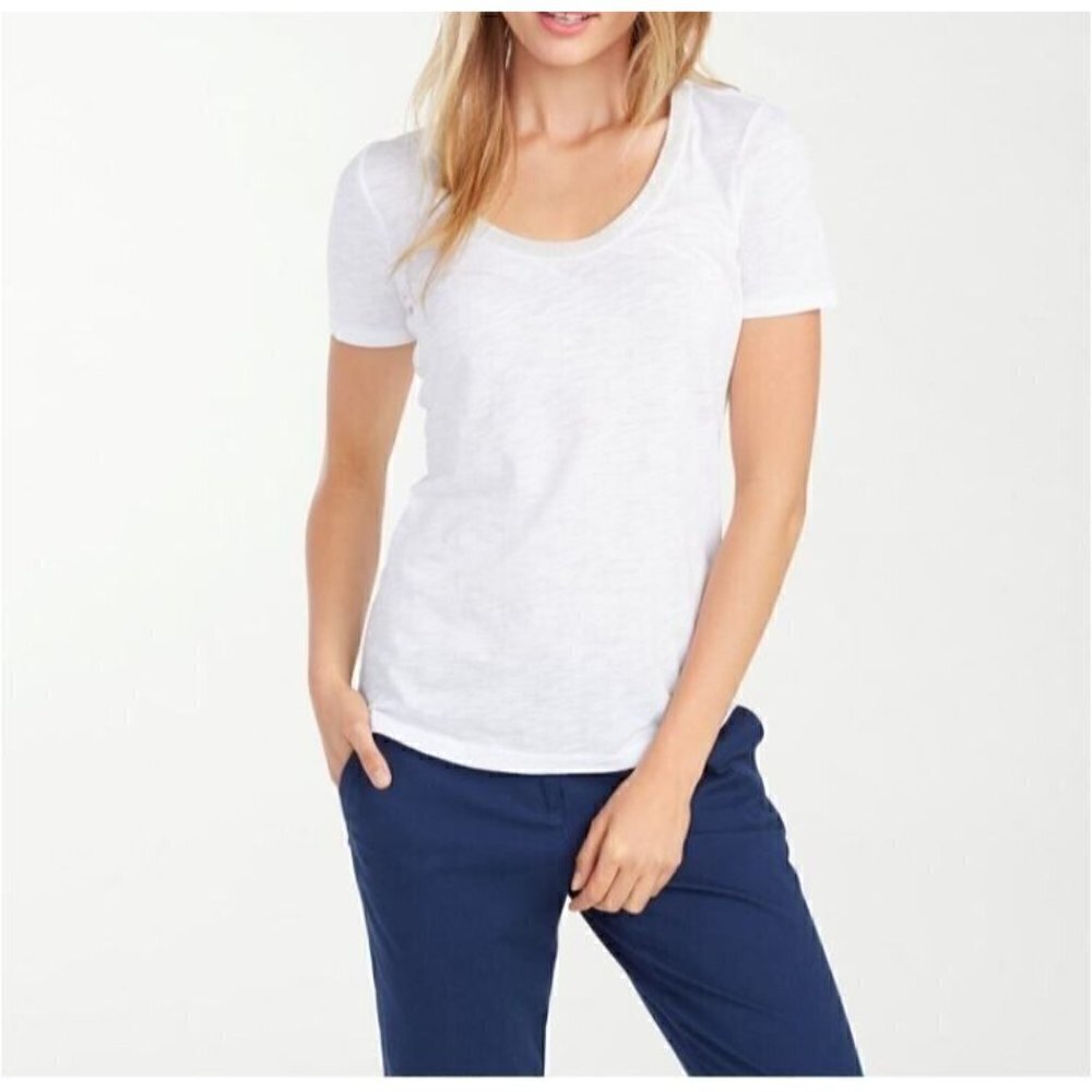 Tommy Bahama Top Womens Medium Sadie Jersey Metallic Trim Scoop Neck White Boho